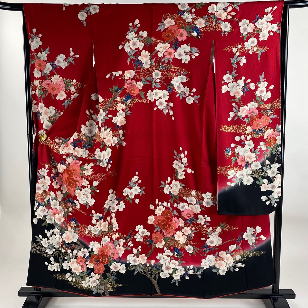 振袖 身丈157cm 裄丈64cm M 袷 桜 蝶 金彩 染め分け 赤 正絹 秀品
