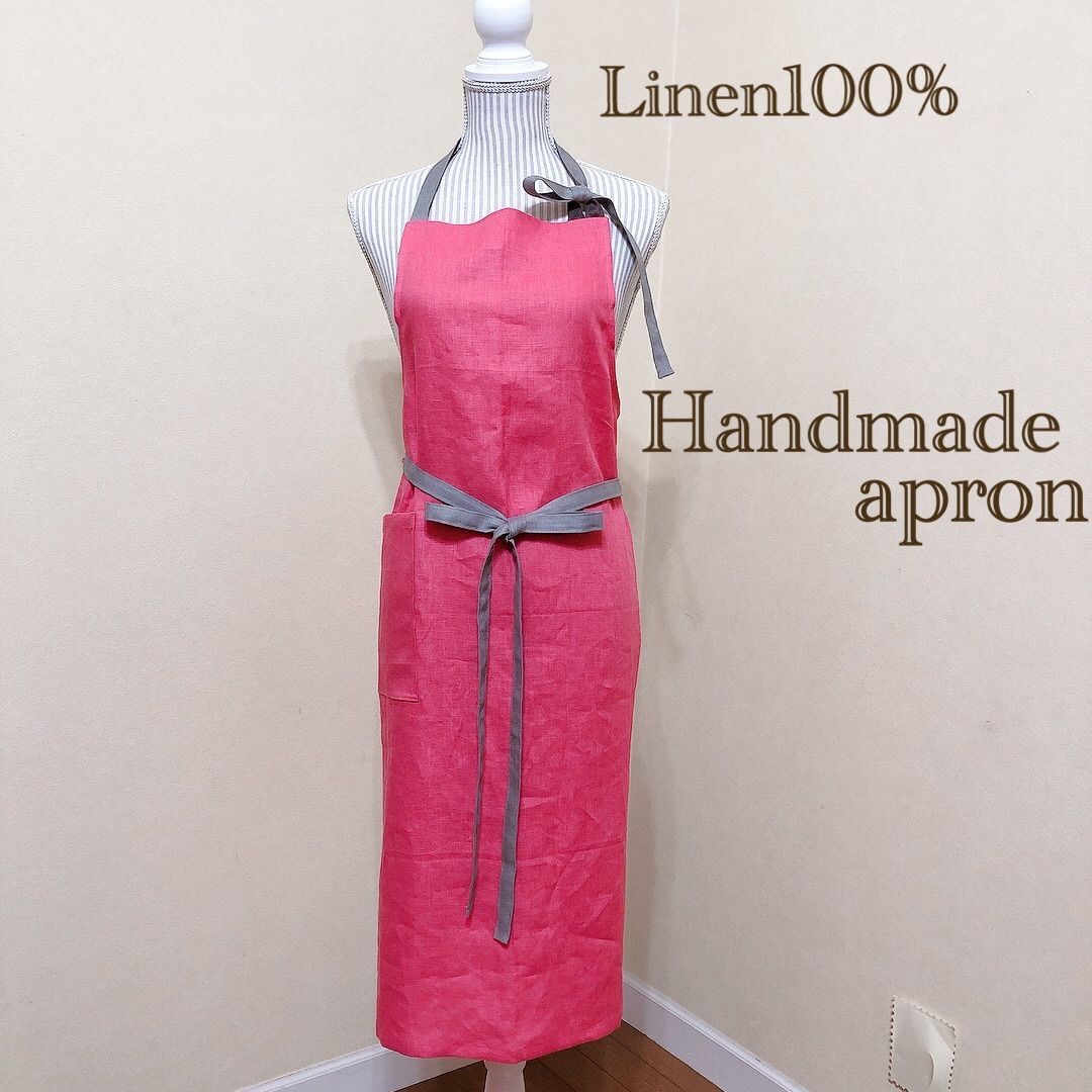リネンのエプロン（ローズ）　ハンドメイド ハンドメイド リネンエプロン 大人用 ローズピンク - メルカリ