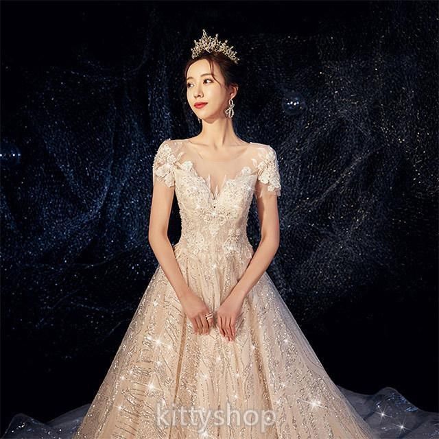 ウェディングドレス 袖あり トレーンドレス 豪華 ラインストーン スパンコール ブライダルドレス Aライン 花嫁ドレス 結婚式 二次会 ロング Tasa01
