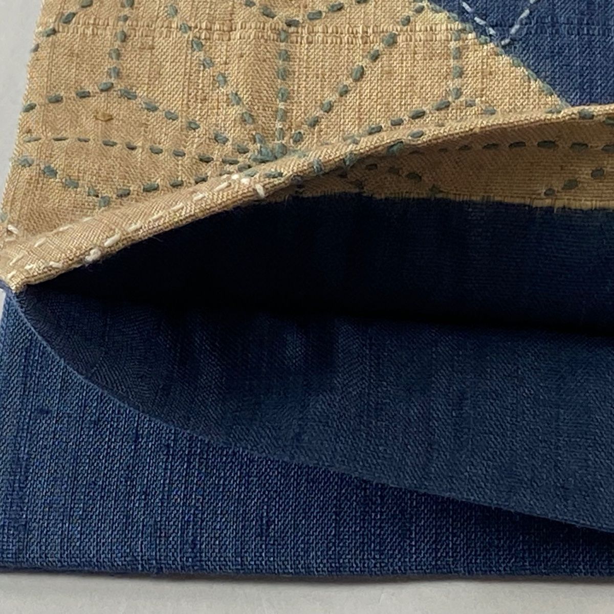 袋帯 美品 逸品 紬地 麻の葉 刺し子 紺色 お太鼓柄 正絹 【中古