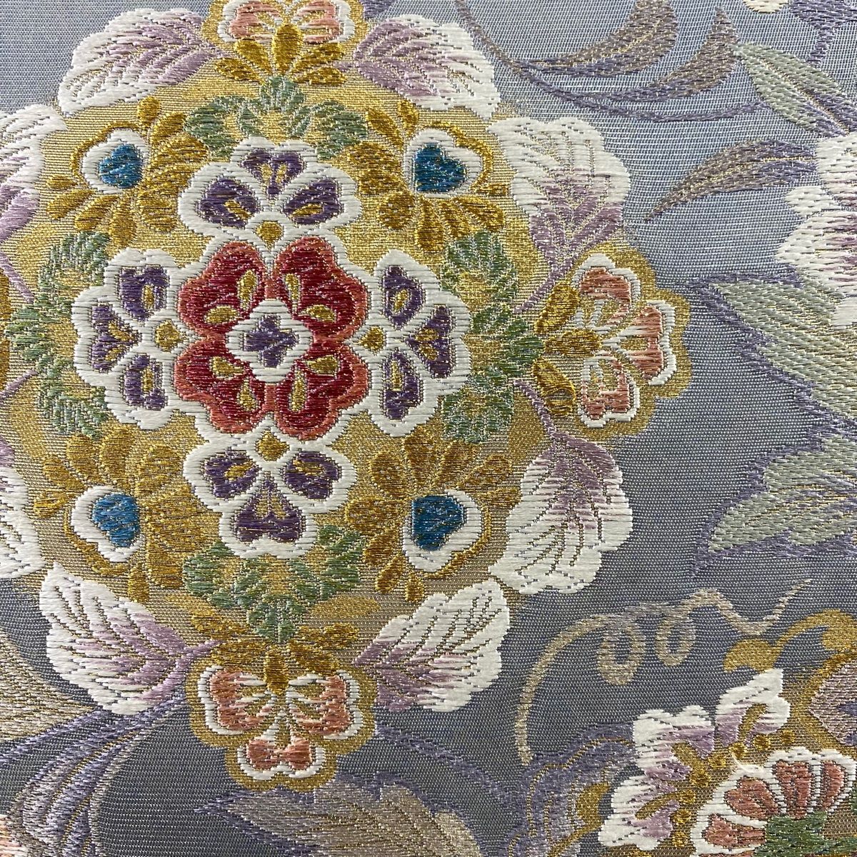 袋帯 秀品 向かい鳥 華文 箔 金銀糸 青灰色 六通 正絹