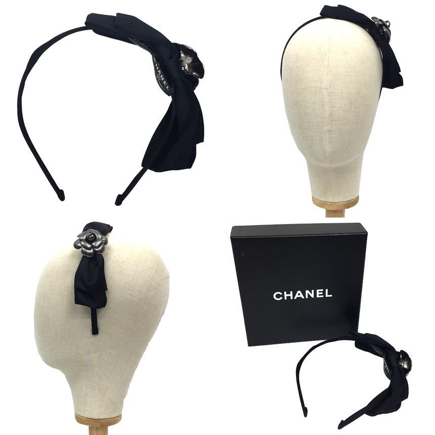 CHANEL　カチューシャ　カメリア　リボン　ブラック　美品　aq8910 セール CHANEL シャネル カチューシャ カメリア リボン ブラック