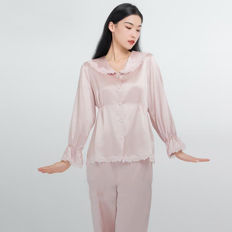 シルク100％ フリル 春 長ズボン ルームウェア 前開き 長袖 レディース 絹 2点セット 前開き 夏 パジャマ シンプル 可愛い 秋 レトロ風 ナイトウェア 冬 部屋着 ゆったり 美肌 保湿 敏 cjfj139092