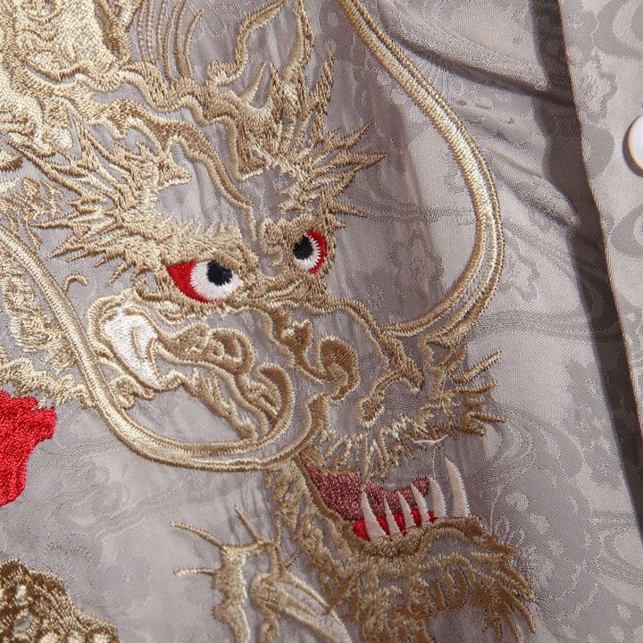 花旅楽団SCRIPT 炎龍 刺繍 和柄 レーヨン半袖シャツ SS-003 グレー は