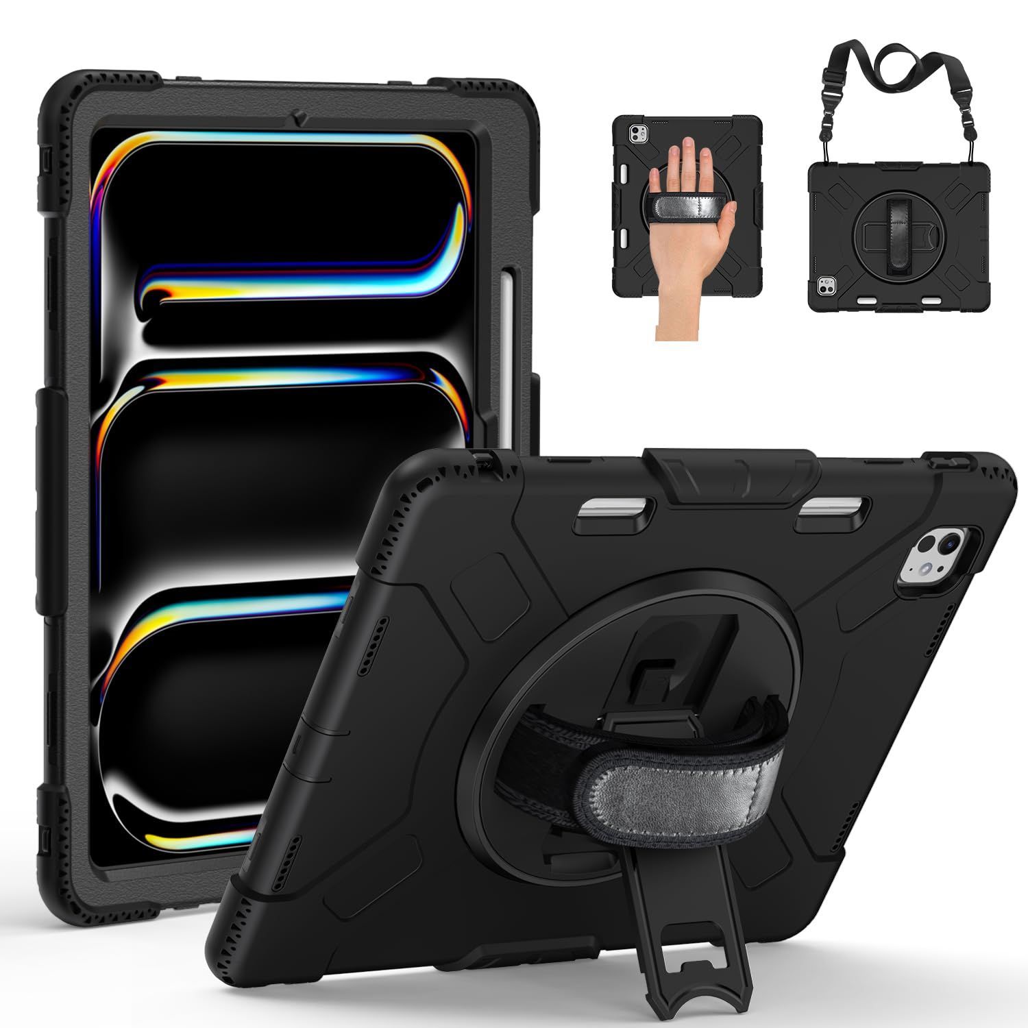 新品 2024 ケース pro13 多機能ipad 便利 子供友好 タイピング 傷防止 (ブラック) 防塵 現場 首掛け 肩掛け ストラップ バンドu0026ショルダー 縦置き 横置き 保護フィルム付き Pencil2対応 ペン収納