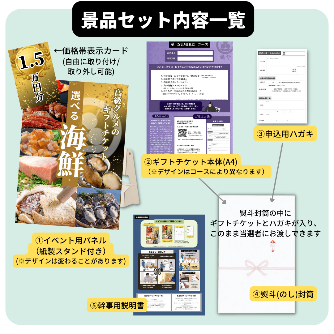 【A4/A3パネル付きイベント景品】海鮮15000円分交換チケット[菫(sumire)コース] 忘年会や二次会、ビンゴ大会、ゴルフコンペの賞品に！5種から選べるグルメカタログギフト式