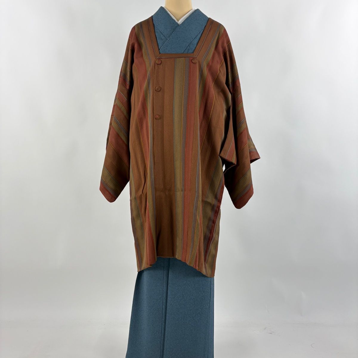 道行 身丈103cm 裄丈67cm M 和装コート 角衿 縞 茶色 正絹 名品