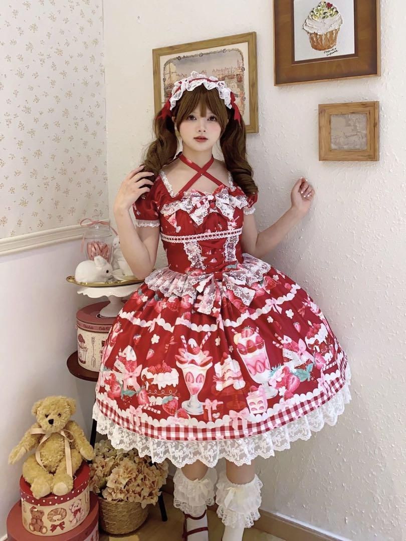 【苺パフェ】ロリータドレス リボン可愛いゴスロリ 森ガール 姫様 スイーツ柄 赤 苺パフェ】イチゴ ロリータドレス リボン 可愛い ゴスロリ 森
