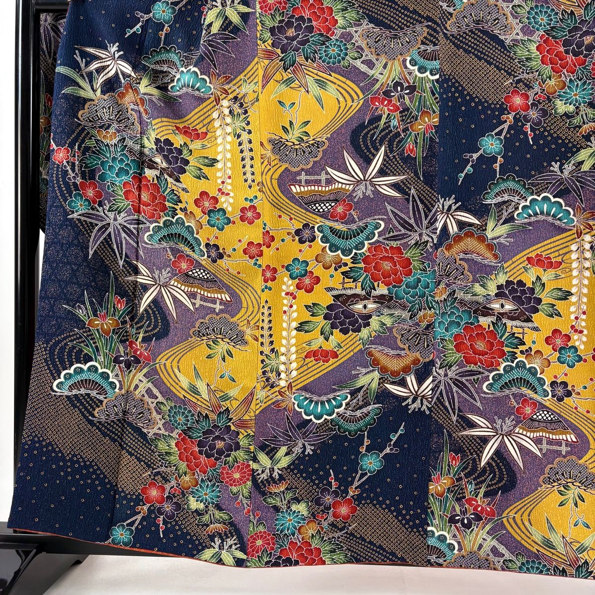 振袖 身丈160.5cm 裄丈67cm M 袷 松竹梅 流水 銀彩 染め分け 黄土色 正絹