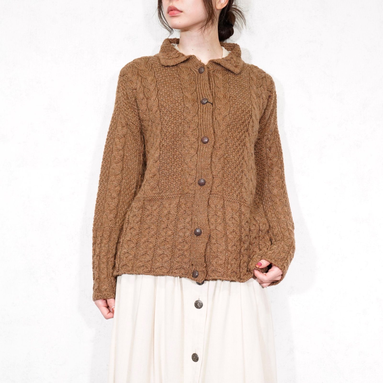 EU VINTAGE Peregrine COLLAR DESIGN CABLE KNIT CARDIGAN JACKET MADE IN ENGLAND|ヨーロッパ古着襟デザインケーブルニットカーディガン ジャケット