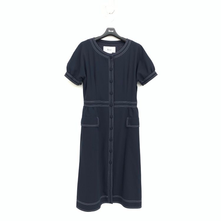 未使用品 Rene ルネ ステッチ ワンピース パフスリーブ ネイビー 36 