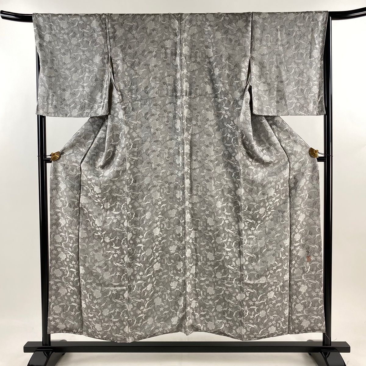 小紋 身丈153cm 裄丈68cm L 袷 前田仁仙 落款 花唐草 灰色 正絹