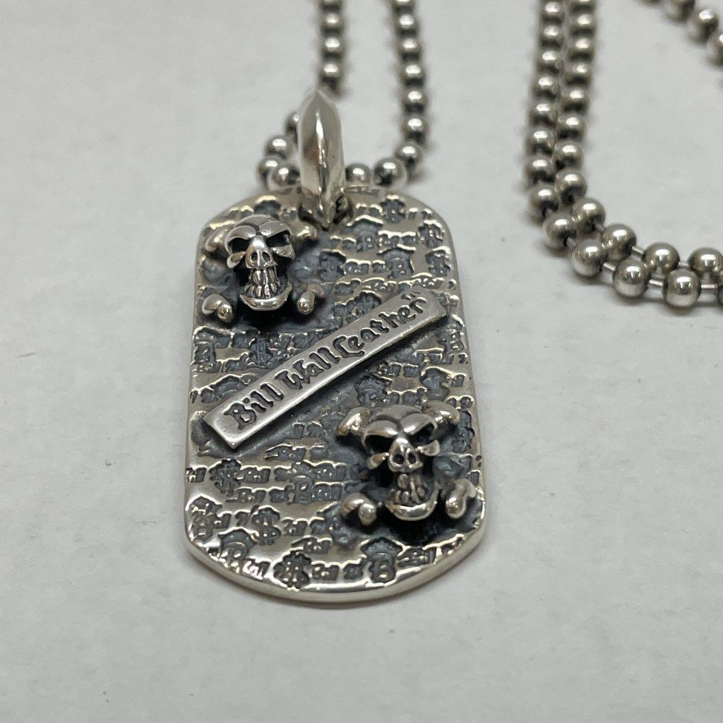 01 w-5393 ビルウォールレザー BILL WALL LEATHER スカル クロスボーン ドッグタグ 3 mmボールチェーン ネックレス 925 シルバー 保存袋 Gカードあり DT 636 品
