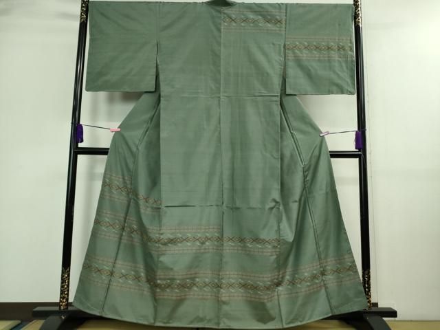 平和屋本店□希少 本場琉球 読谷山花織 訪問着 紬地 豆がら茶色地 逸品