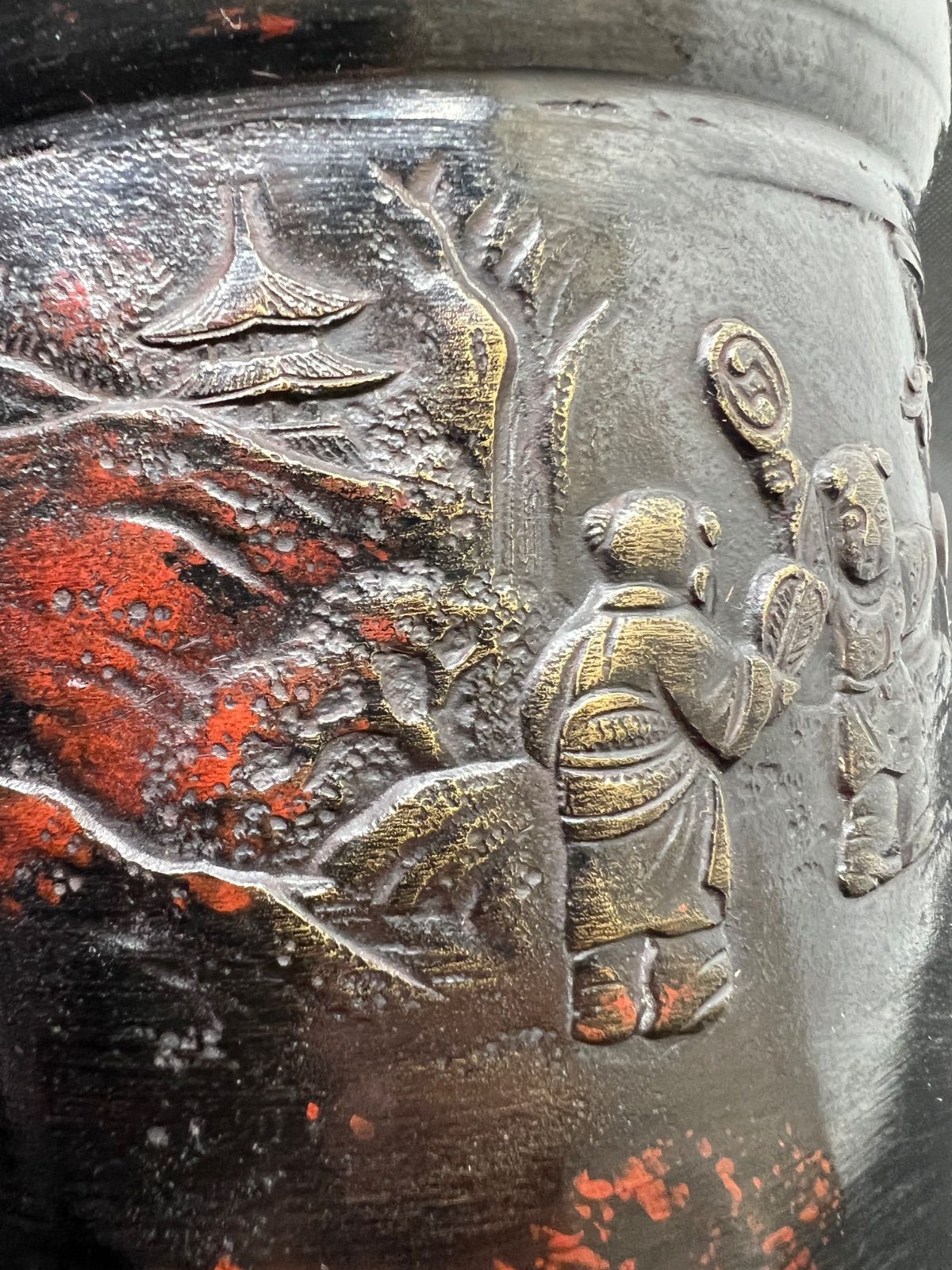 3代目本間琢斎造 斑紫銅霊芝耳摘漢詩唐子遊戯図建水 佐渡銅器 茶道具茶