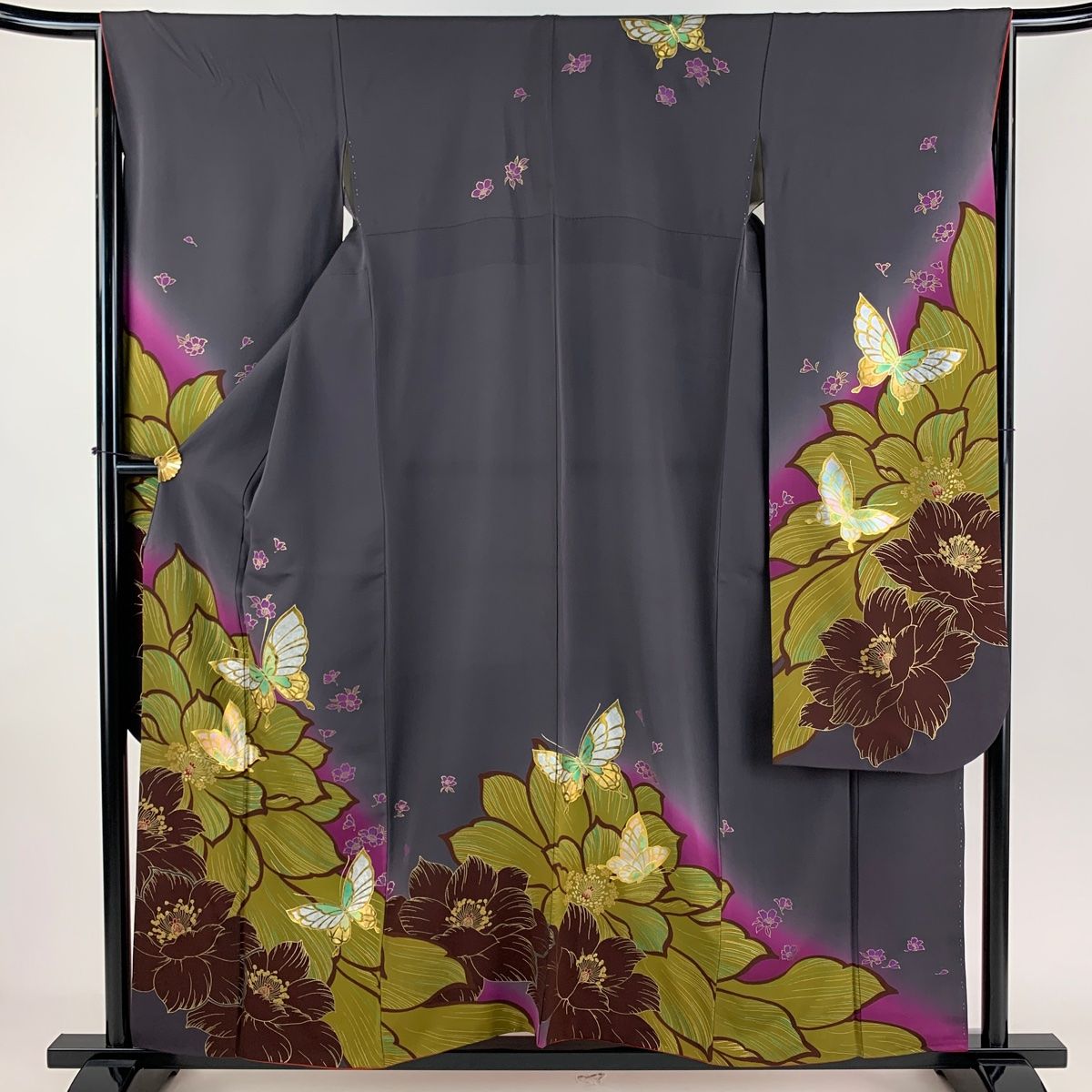 振袖 身丈156.5cm 裄丈66cm M 袷 蝶 花 金銀彩 ぼかし 灰紫 正絹 秀品