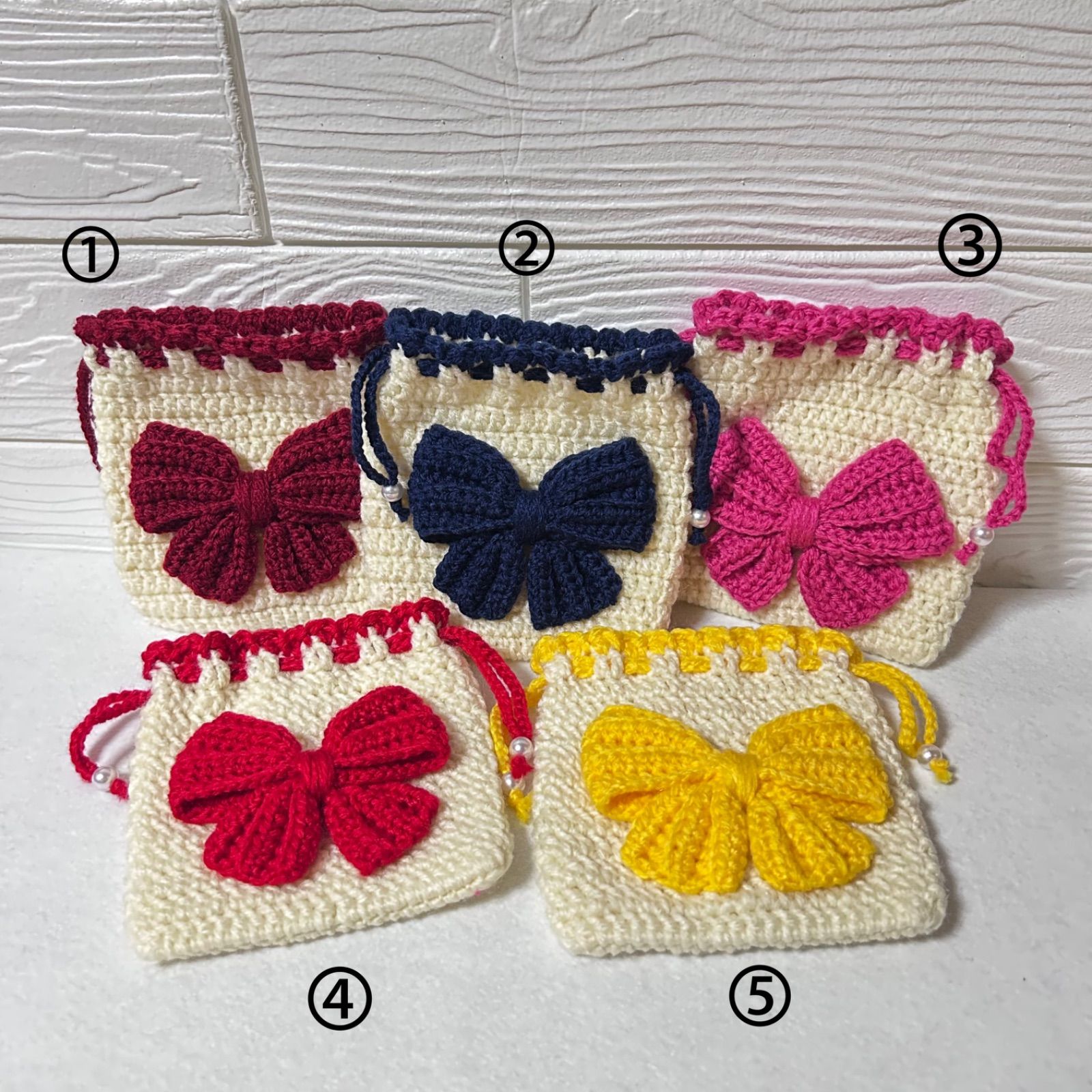 ハンドメイド リボンポーチ 巾着袋 リボン ポーチ かぎ針編み 編み物