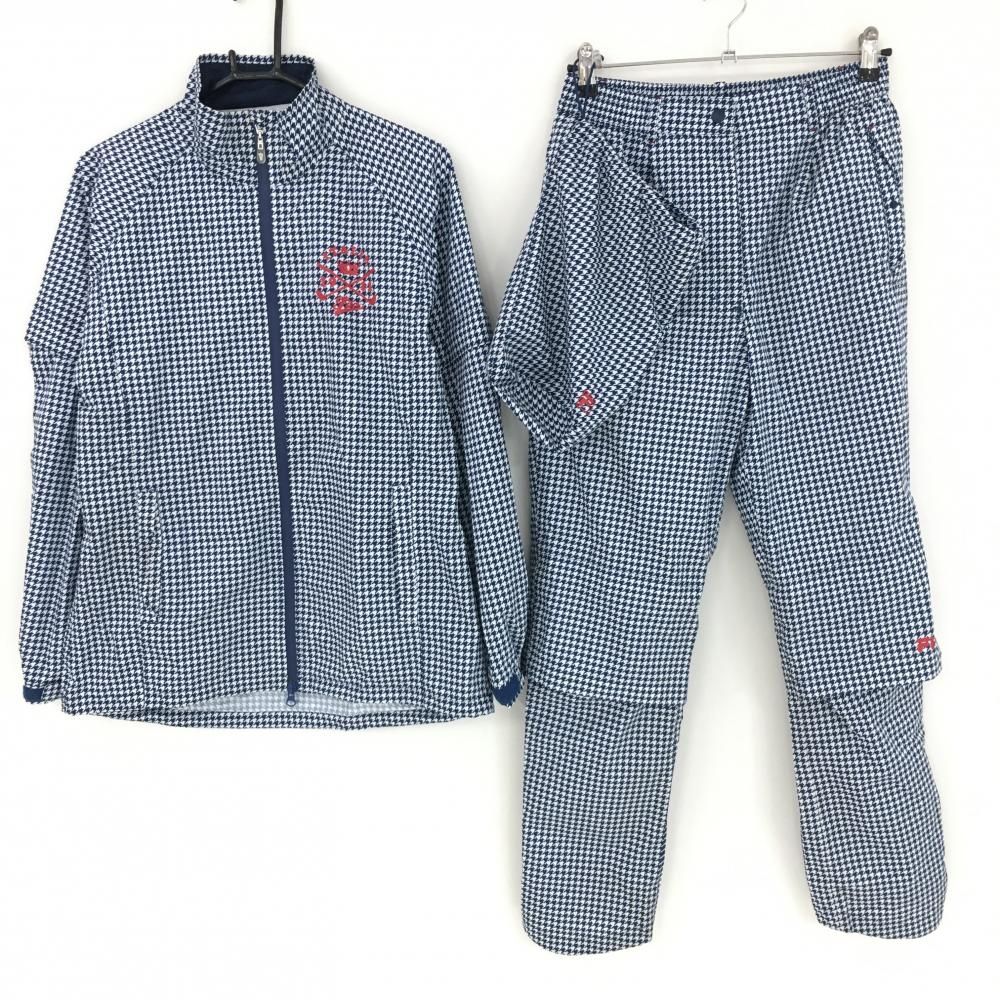 フィラゴルフ レインウェア上下セット(2WAYブルゾン×パンツ） ネイビー×白 千鳥格子 収納袋付き  レディース L ゴルフウェア FILA GOLF