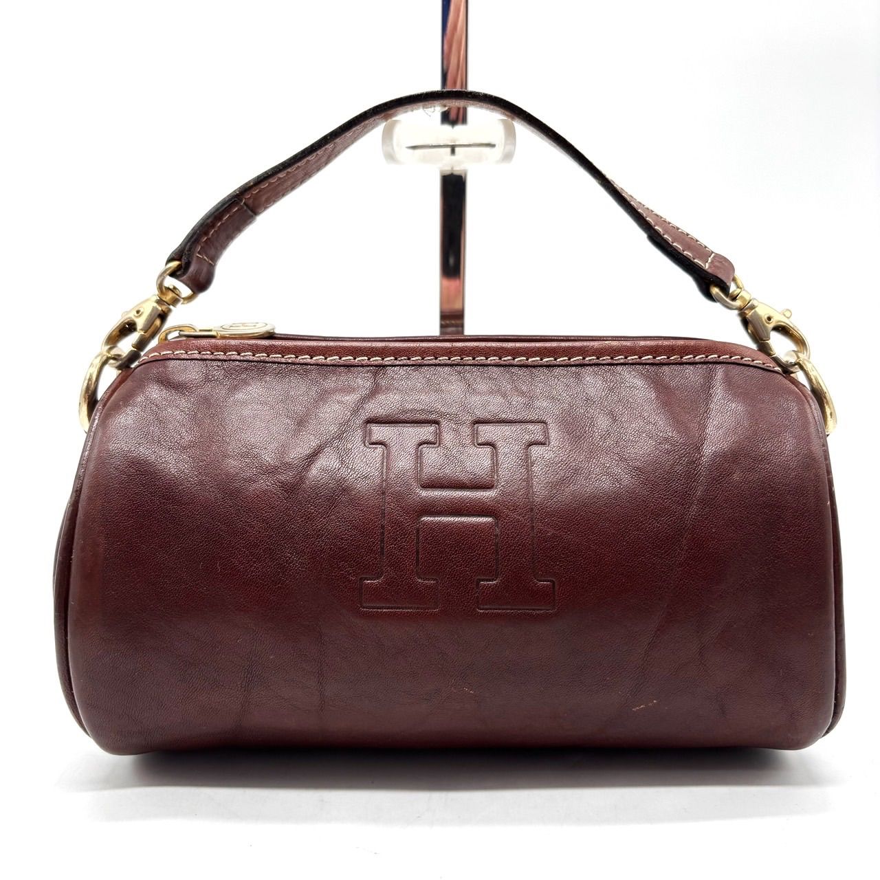 HIROFU ヒロフ ハンドバッグ トートバッグ ポーチ エンボスロゴ H レザー 革 ブラウン 茶色 ゴールド金具 ユニセックス 男女兼用 メンズ レディース