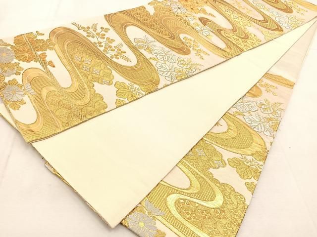 平和屋着物○六通柄袋帯 唐織 草花文 黒地 金糸 正絹 逸品 CAAT1034hy