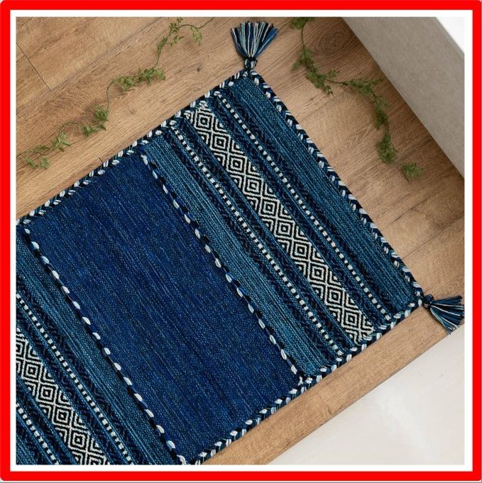 【送料無料 】 50x80 cm［玄関マット］_5)ブルー サヤンサヤン 手織り 幾何学柄 アジアン 玄関マット 屋内 室内 インドキリム 50x80 ブルー