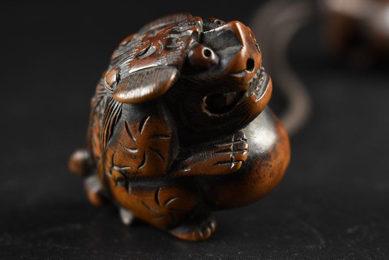 古美術 木彫 獅子 銘：正一 根付提物