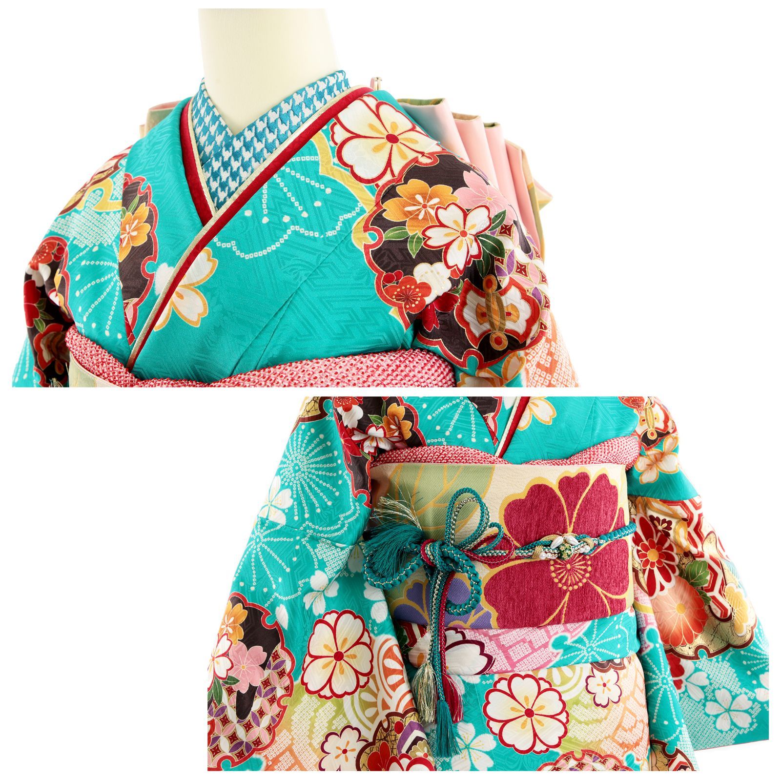 豪華振袖フルセット(7点)・濃紺・濃紫・古典柄・金駒刺繍・扇面