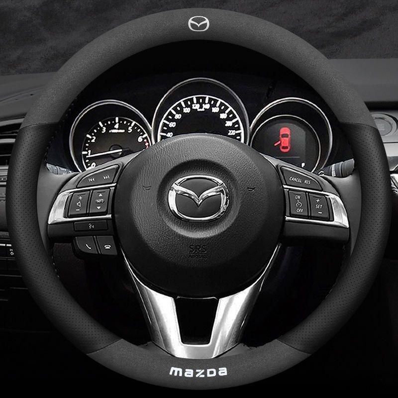 マツダ MAZDAハンドルカバー ステアリングカバー ハンドル保護 コンパス 滑り止め 専車ロゴ 38CM O型ブラック アルカンターラ調+レザー aaec qtm