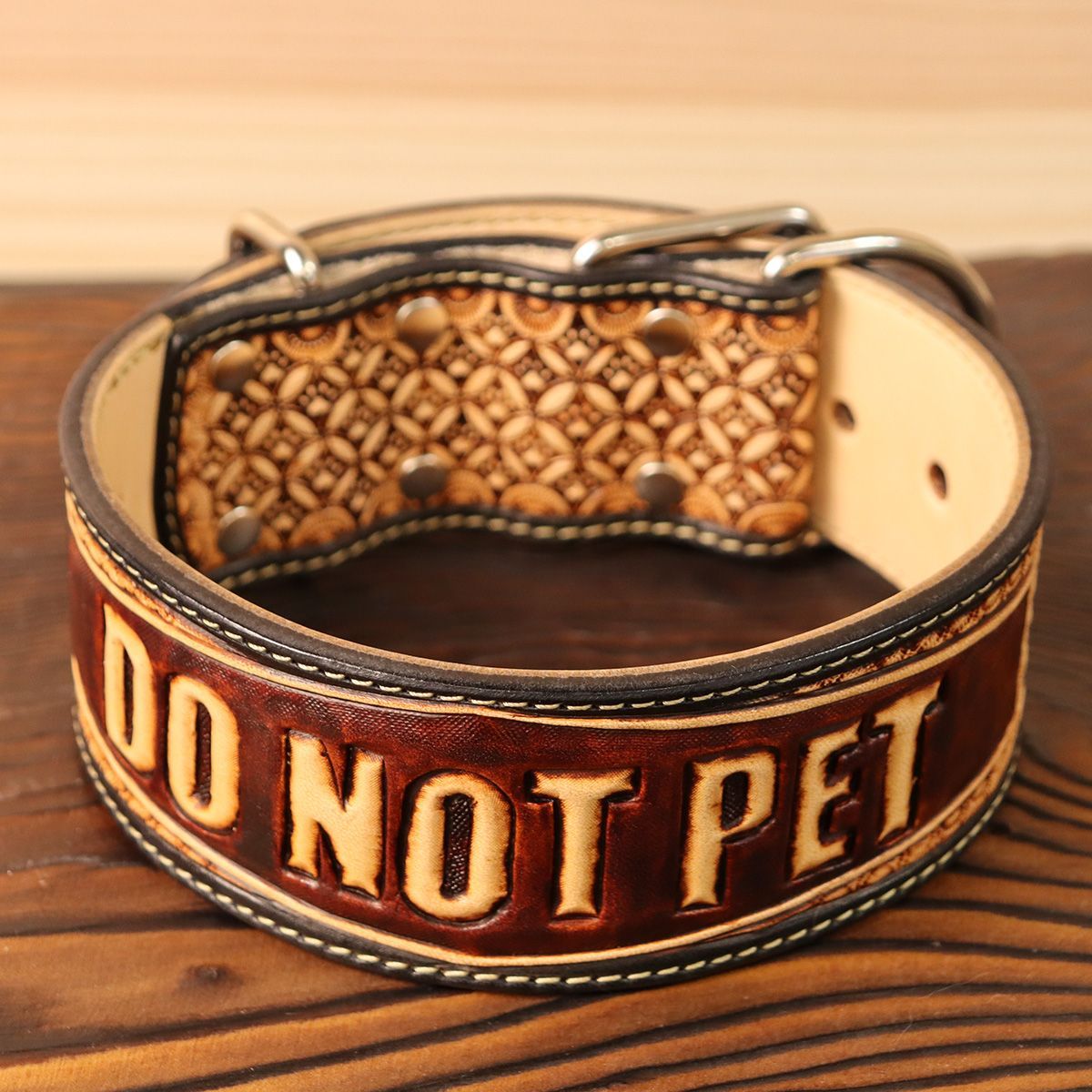 Tooled Wide Leather Collar | Carved Lettering Design (DO NOT PET 