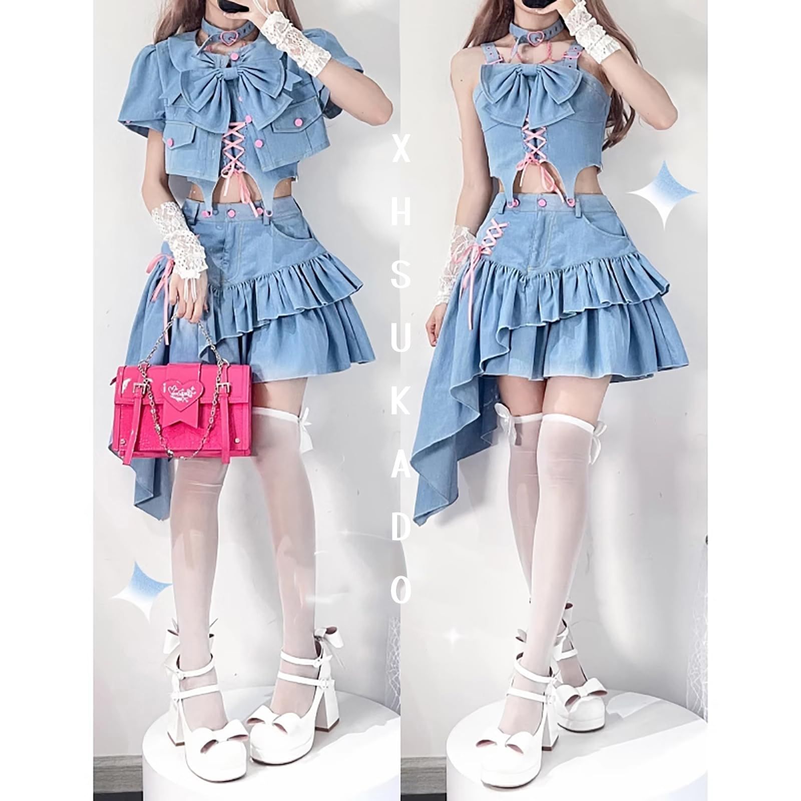 デニムワンピース ミニスカート カジュアル 韓国 d220 新品 [XHSUKADO] デニム 4点セット レディース
