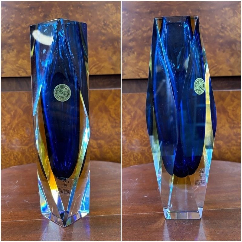 MURANO 花瓶 ガラスフラワーベース ブルー 高さ25cm クリスタル