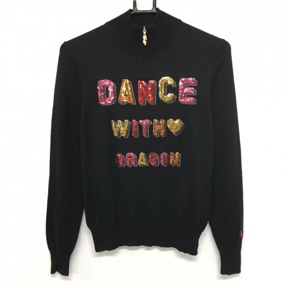 超 ダンスウィズドラゴン セーター 黒 スパンコールロゴ ウール混 ハーフジップ レディース 2 M ゴルフウェア Dance With Dragon