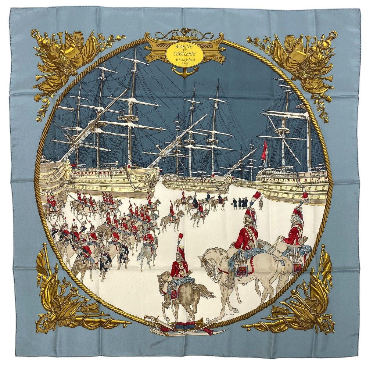 エルメス HERMES カレ 90 MARINE ET CAVALERIE 海と騎兵隊 スカーフ シルク ライトブルー マルチ レディース