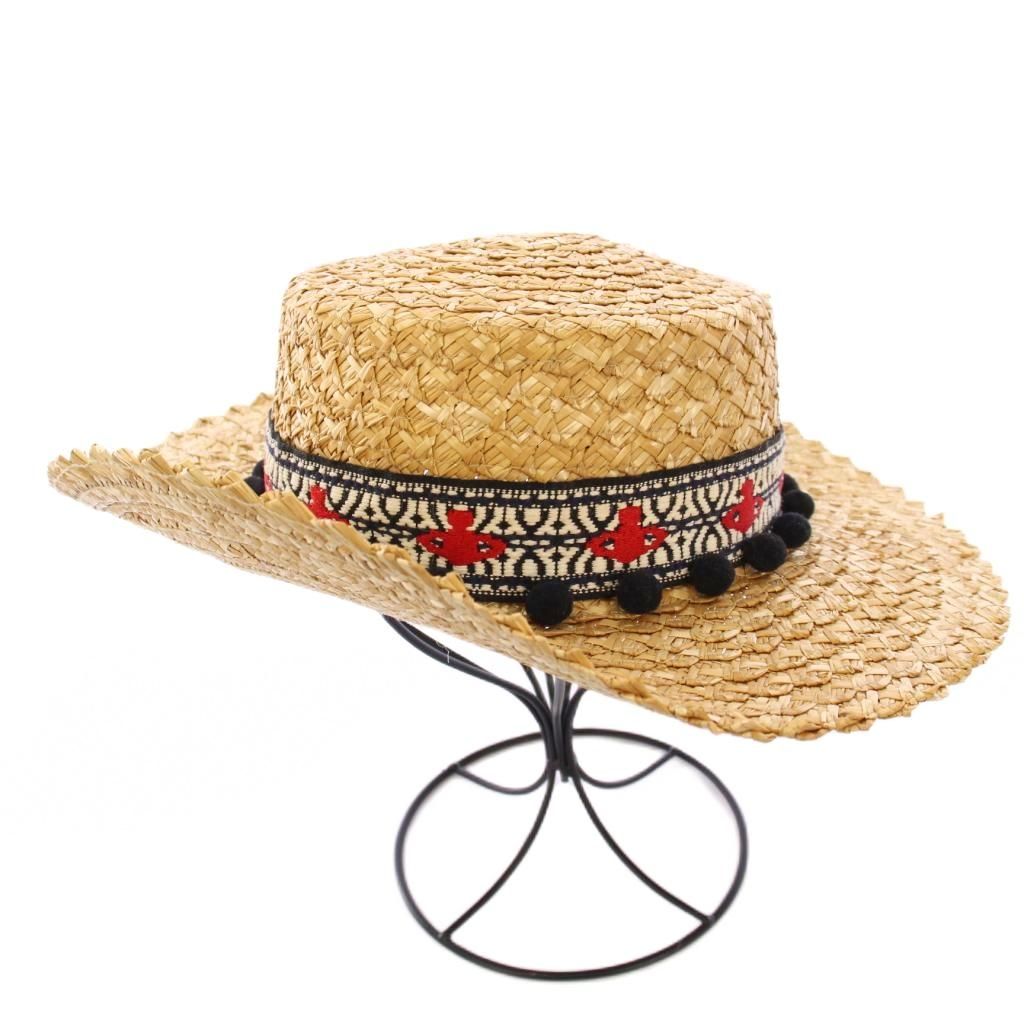 ヴィヴィアンウエストウッド Vivienne Westwood 麦わら帽子 ストローハット オーブ ロゴ ポンポン 刺繍 装飾 S-M ベージュ 黒 ブラック |BB