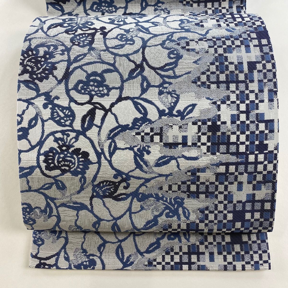 袋帯 名品 花唐草 銀糸 青灰色 六通 正絹