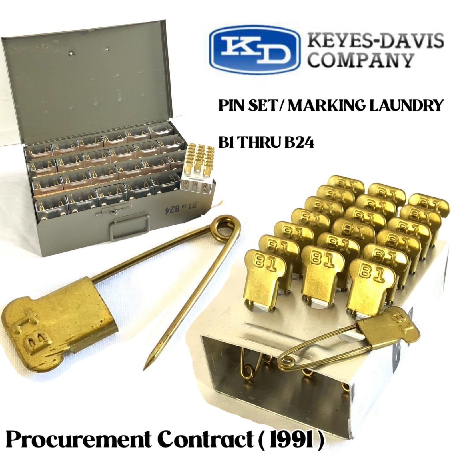 激 入荷 米軍放 アメリカ製 KEYES-DAVIS 真鍮製ヴィンテージ軍用ランドリー安全ピン 530本セット B1-B24 メタルケース付き 調達契約1991年 100 BJ9DK