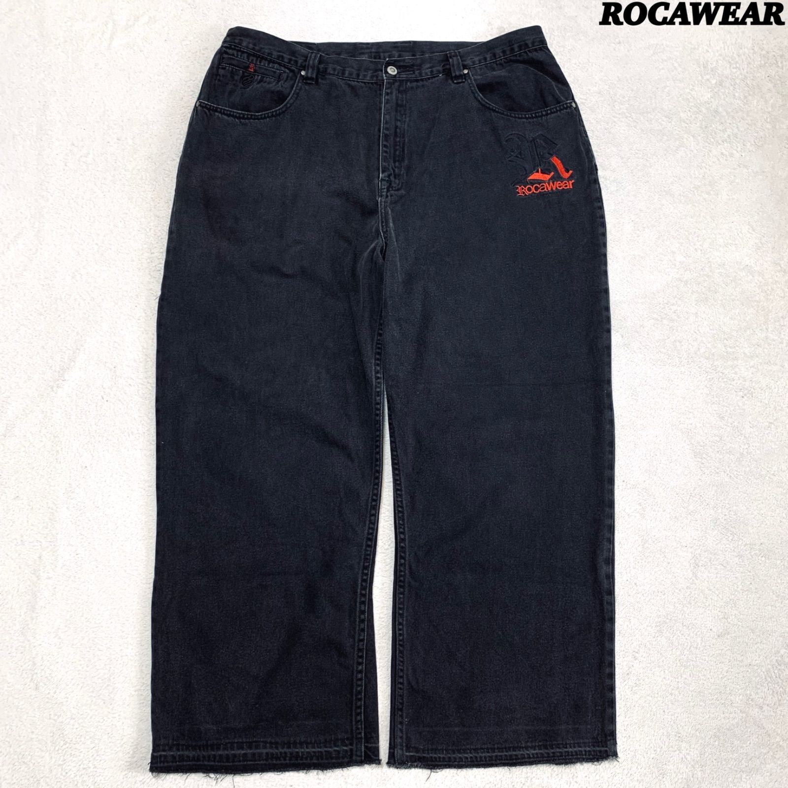 USA古着 rocawear バギーデニムパンツ 刺繍 Y2K グランジ ワイド 00s ロカウェア ブラック ワイド デニム バギーパンツ 刺繍 極太
