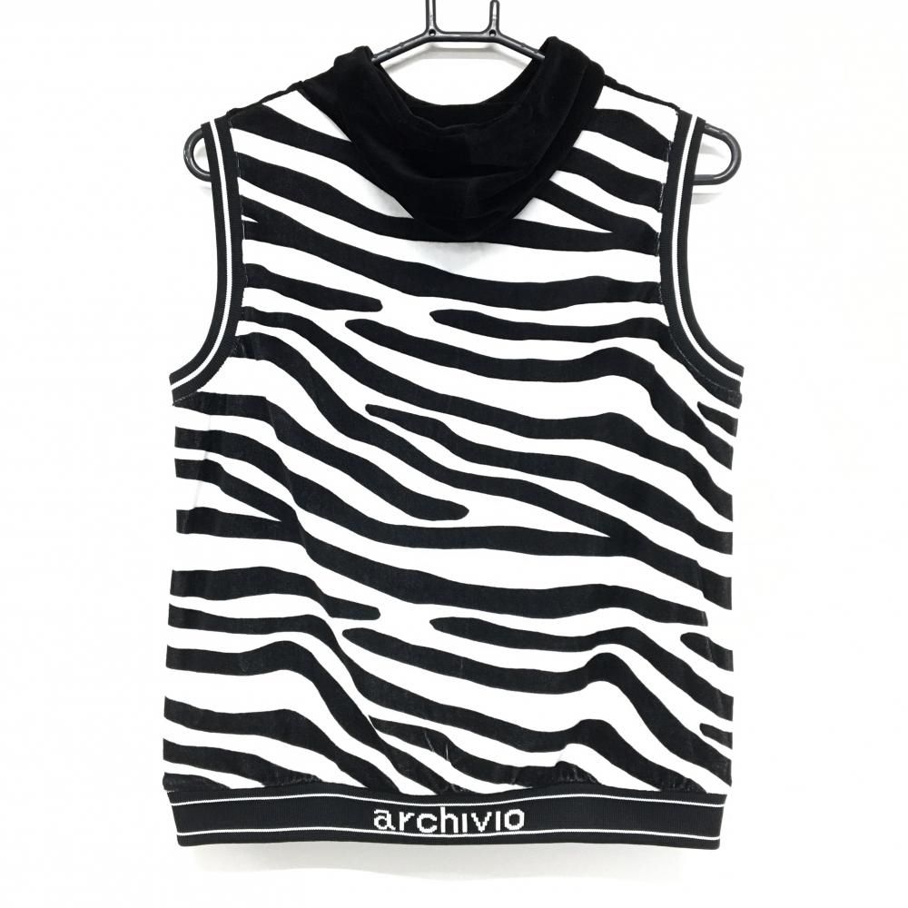 超 アルチビオ アウターベスト 黒×白 ベロア 背面ゼブラ柄 パーカー風 レディース 40 L ゴルフウェア archivio