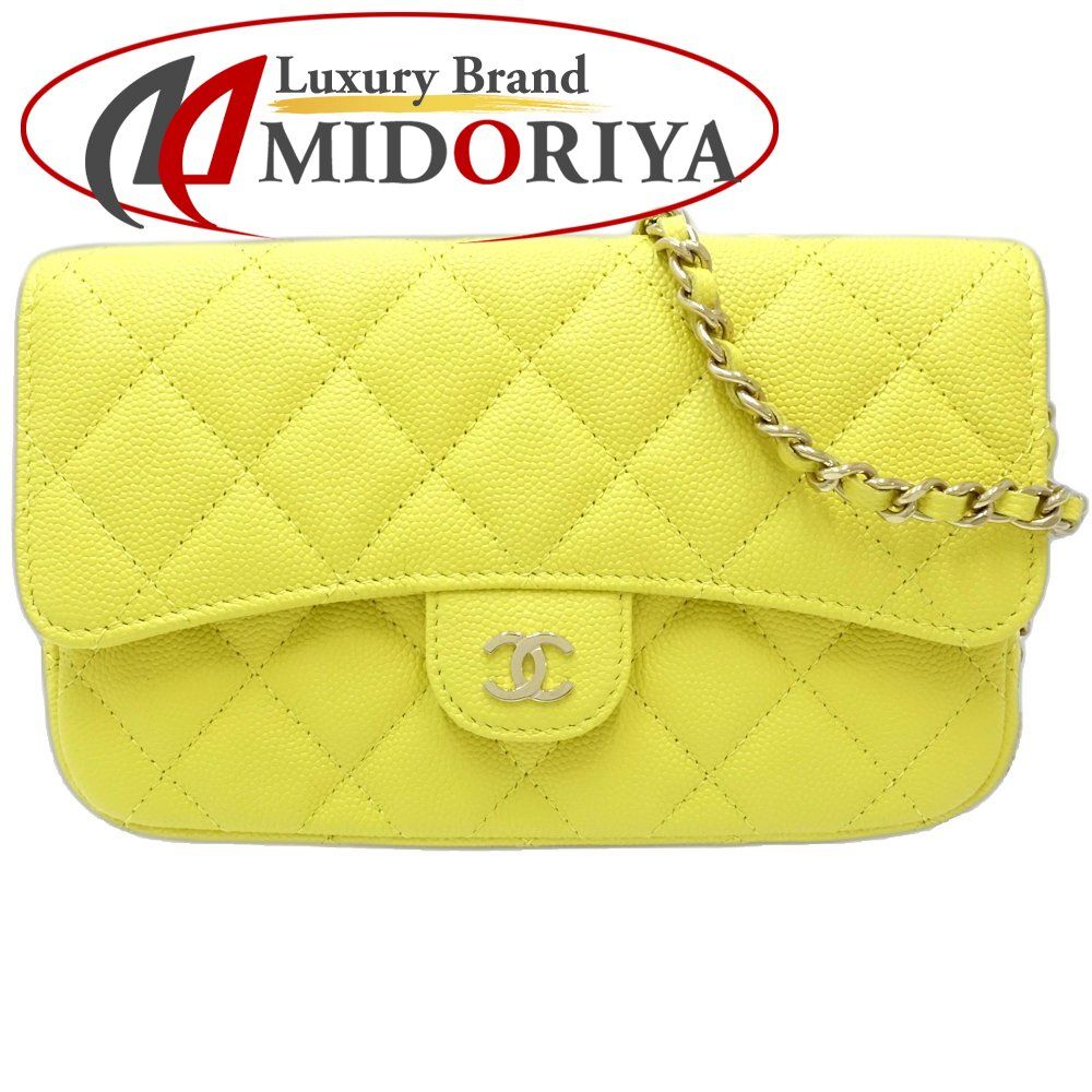 CHANEL シャネル ウォレットチェーン タイムレスクラシック フラップフォンケース AP2096 キャビアスキン イエロー|181331