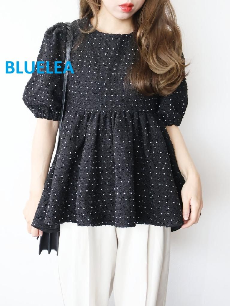 BLUELEA ブルレア ドットツィードブラウス F ブラック×オフホワイト