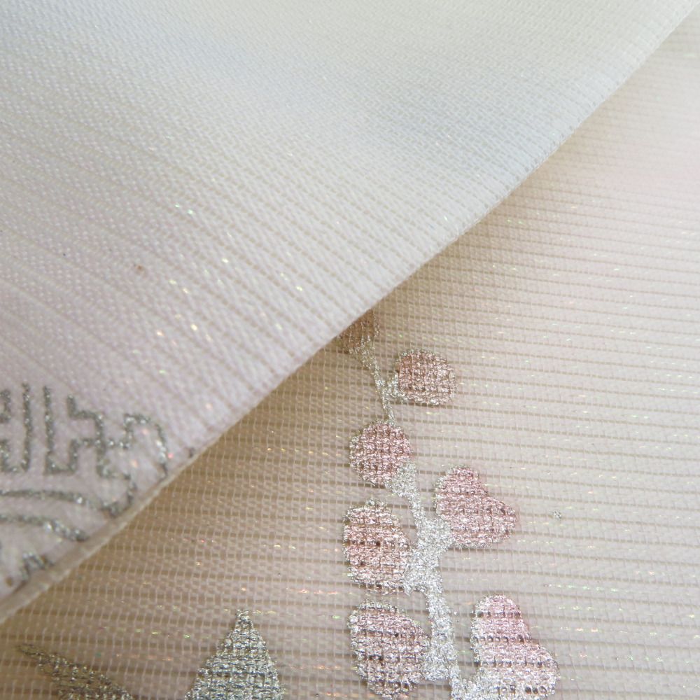 名古屋帯 夏用 正絹 ラメ糸入り 刺繍入り 銀糸 シルバー系