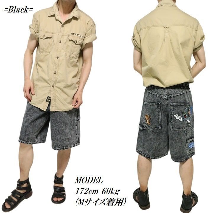 トムページ デニムショートパンツ L トムとジェリー デニム ハーフパンツ 刺繍 メンズ アニメ 刺繍