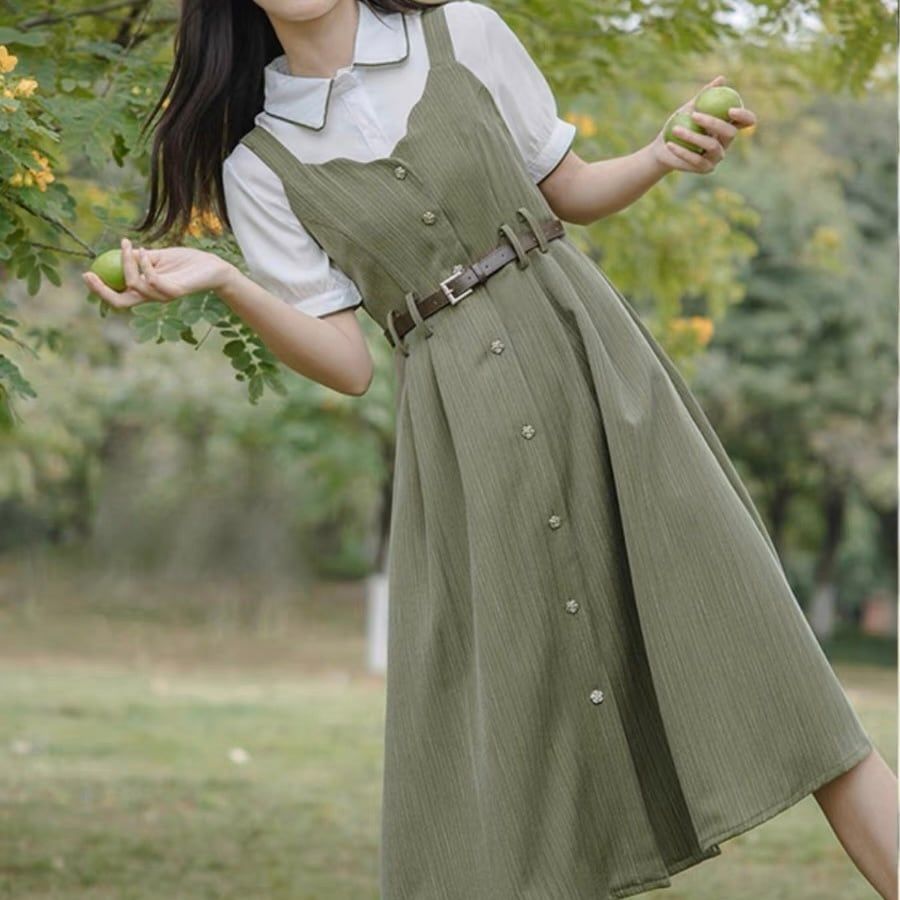 新品】フレンチレトロ♡ウエストベルト付きストライプワンピース