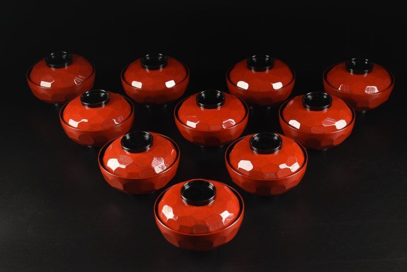 蔵A3924b 平安象彦 亀甲 吸物椀 汁椀 十客 共箱