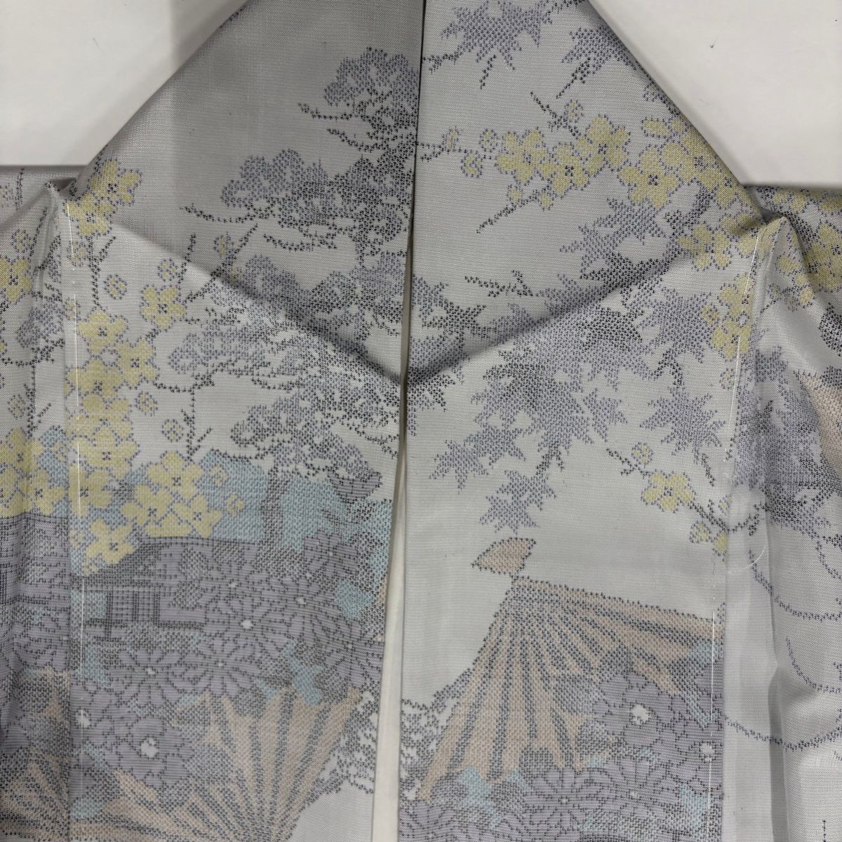 大島紬 身丈155cm 裄丈63cm S 袷 証紙 扇 草花 青灰色 正絹 美品 名品  