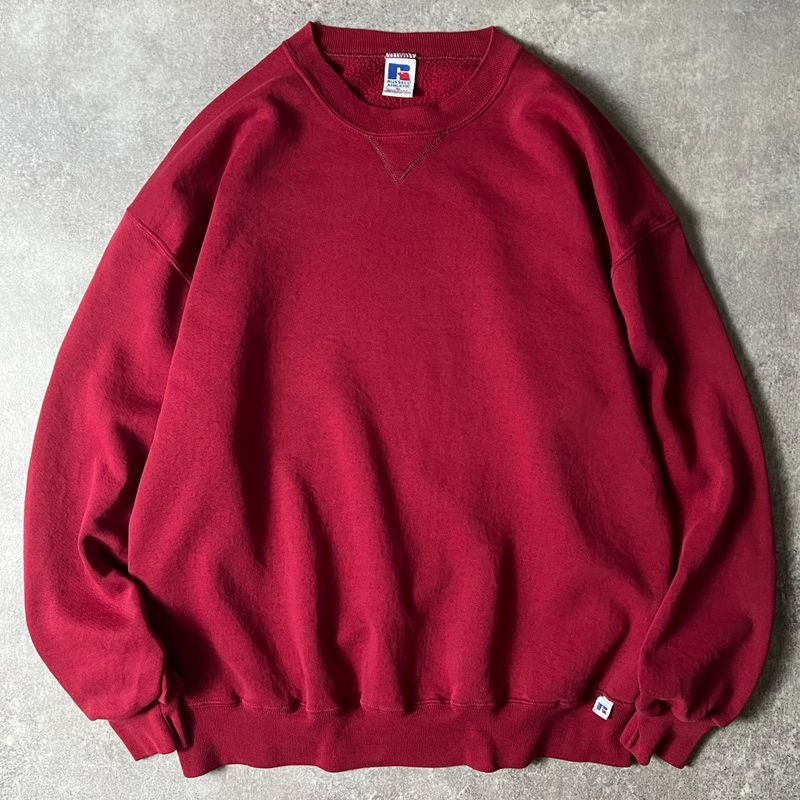 90s USA製 RUSSELL 無地 前V スウェット トレーナー XL / 90年代 アメリカ製 オールド ラッセル 裏起毛 エンジ ワイン レッド スエット