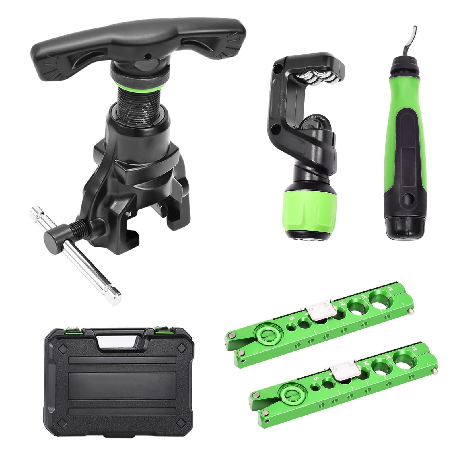 フ リングツール 偏芯式･新冷媒対応 パイプ拡張クランプ 5in1セット φ6-19mm 1|4-3|4 45°偏心タイプに対応 軽量型 日本語取扱説明書付き 工場 現場用商品 作業用品 水道 空調配管用工具