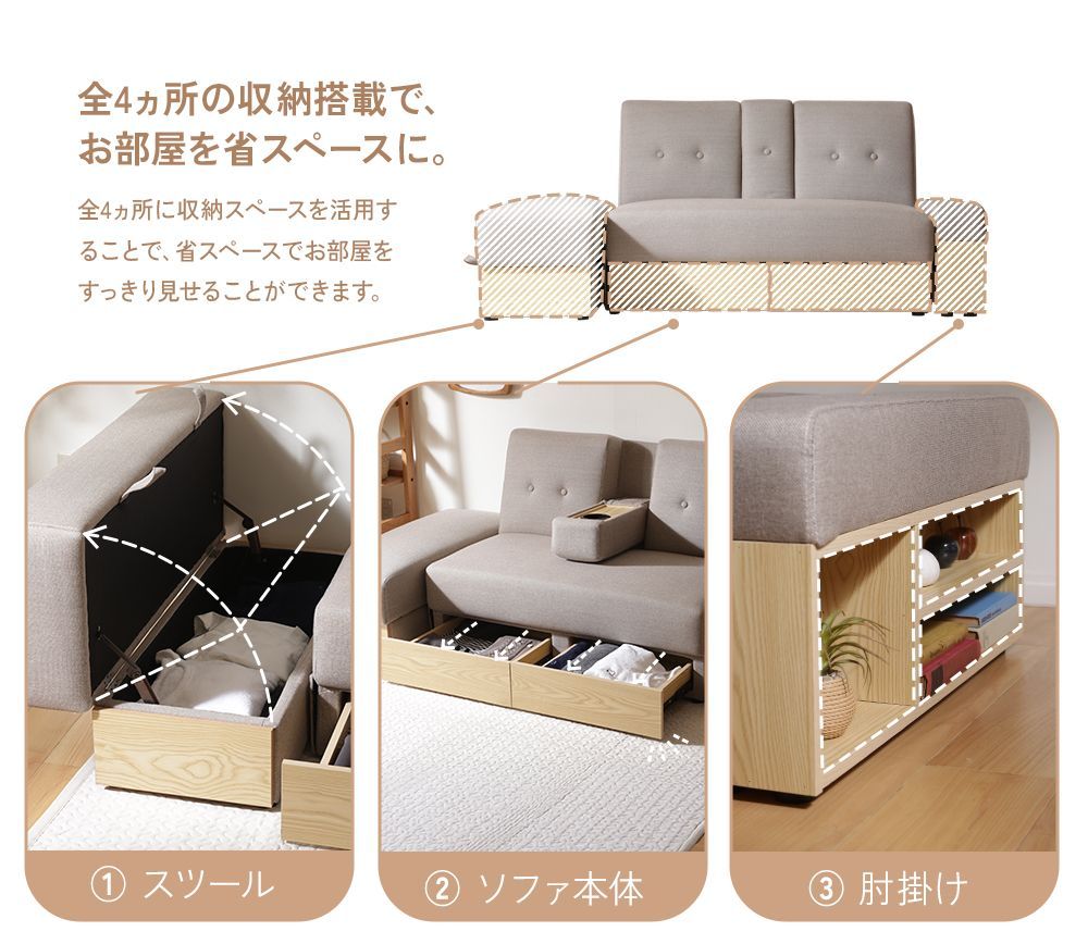 グレー◆2way収納できるソファベッド自由自在レイアウト スツール肘置きセット 収納できるソファベッド 自由自在レイアウト ソファー スツール