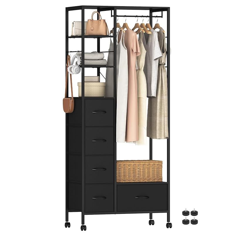 LunarLight ハンガーラック ワードローブ 引き出し付き 大容量 頑丈 全体耐荷重200kg キャスター付き 棚板可動式 収納付き 洋服収納 パイプハンガー 洋服掛け 衣類 衣装 クローゼット サイズ 幅80奥行40高さ188cm ブラック 1