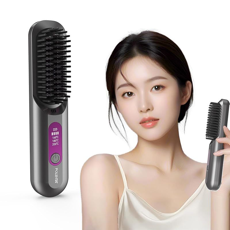 POLENTAT ヒートブラシ コードレス ブラシ型ヘアアイロン ストレートブラシ マイナスイオン 5200mAh大容量 Type-C充電式 160～200 3段階温度調整 セラミックコーティング 簡単ストレート 前髪 急速